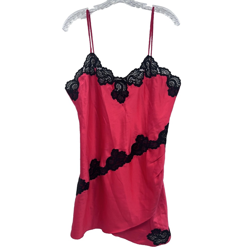 VICTORIA SECRET Women's Sz L Vintage Gold Label Red Satin Black Lace Nightgown